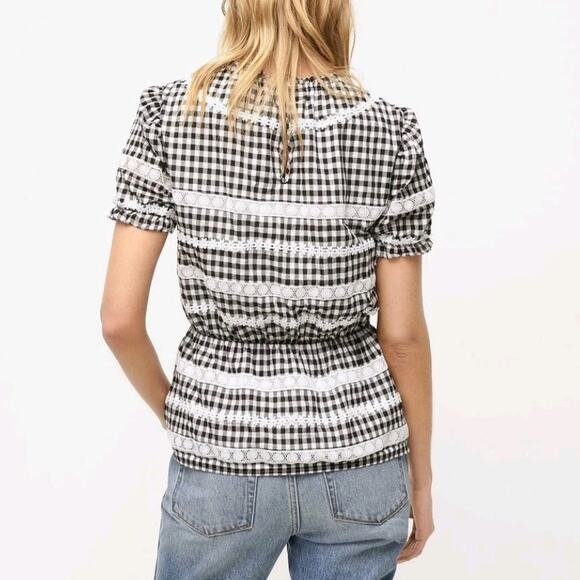 J. Crew Daisy Chain Peplum Top in Gingham Black White Plaid Crochet Ctton Small - Picture 2 of 10